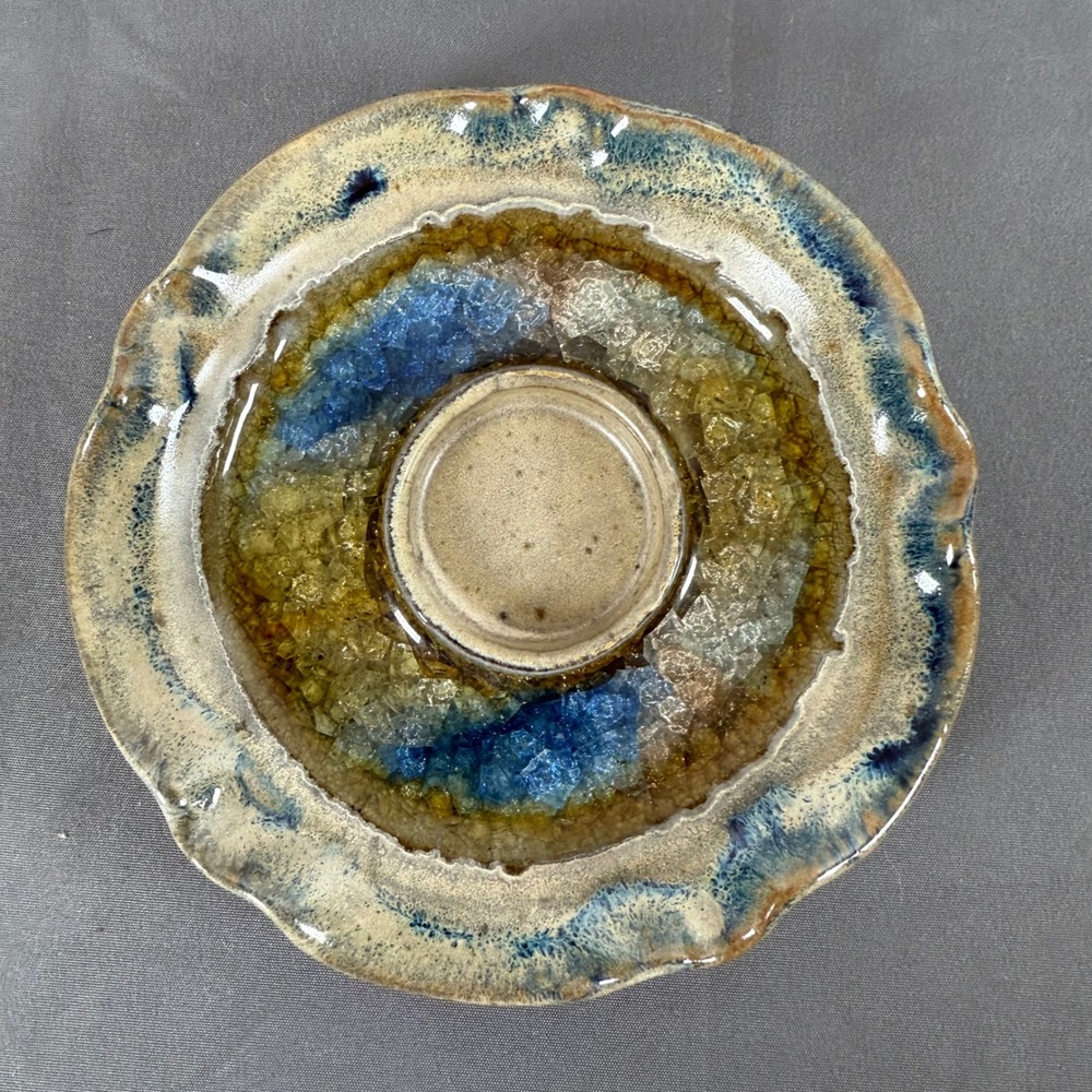 Studio Art Pottery Geode Tealight‎ Candle Holder Blue Earth Tones Raku Style